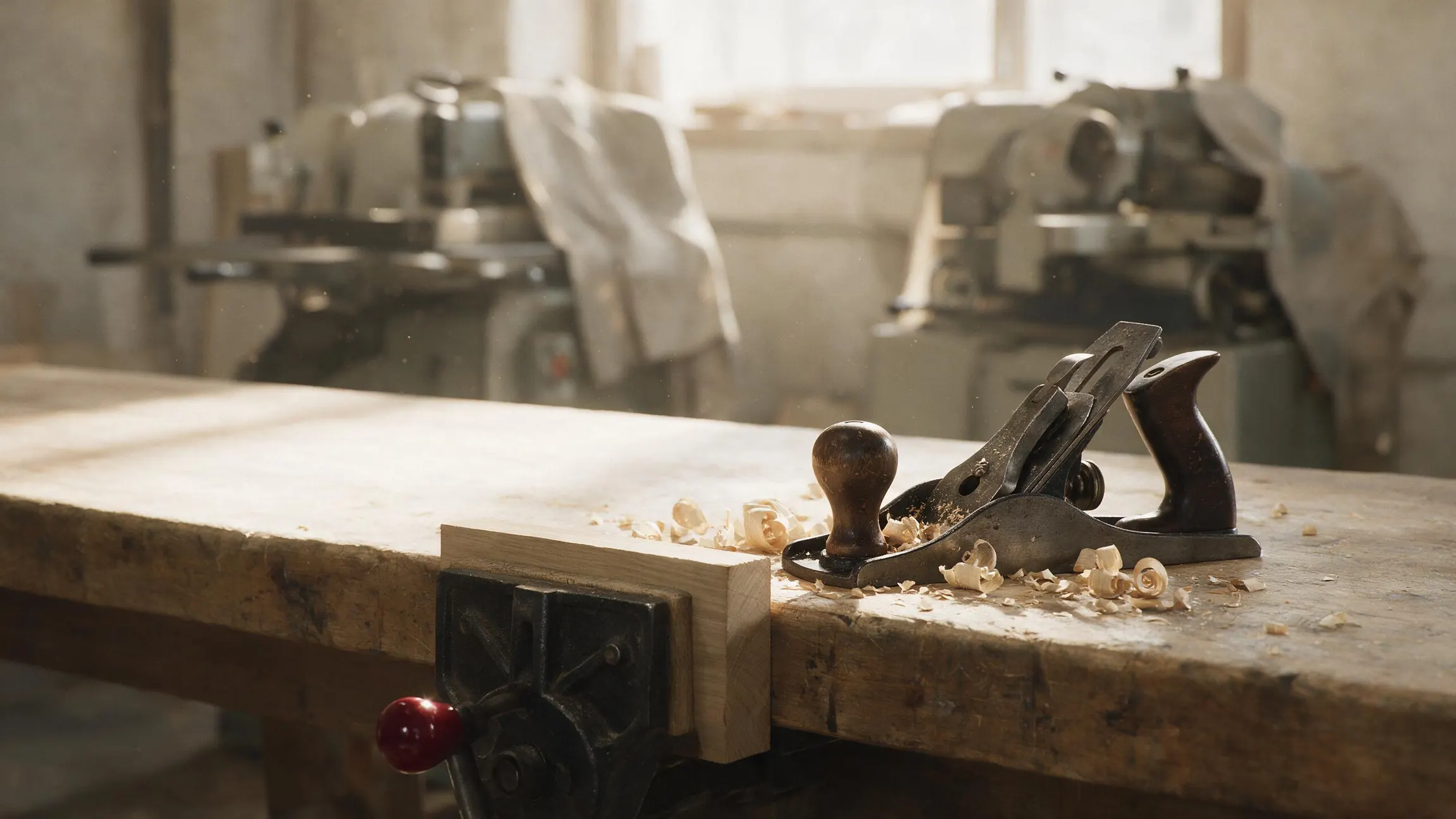 A well-worn hand plane on a workbench surrounded by fresh wood shavings, with the workpiece still clamped in a vice, while two large floor-standing machines stand unused and partly covered under dust sheets behind it.