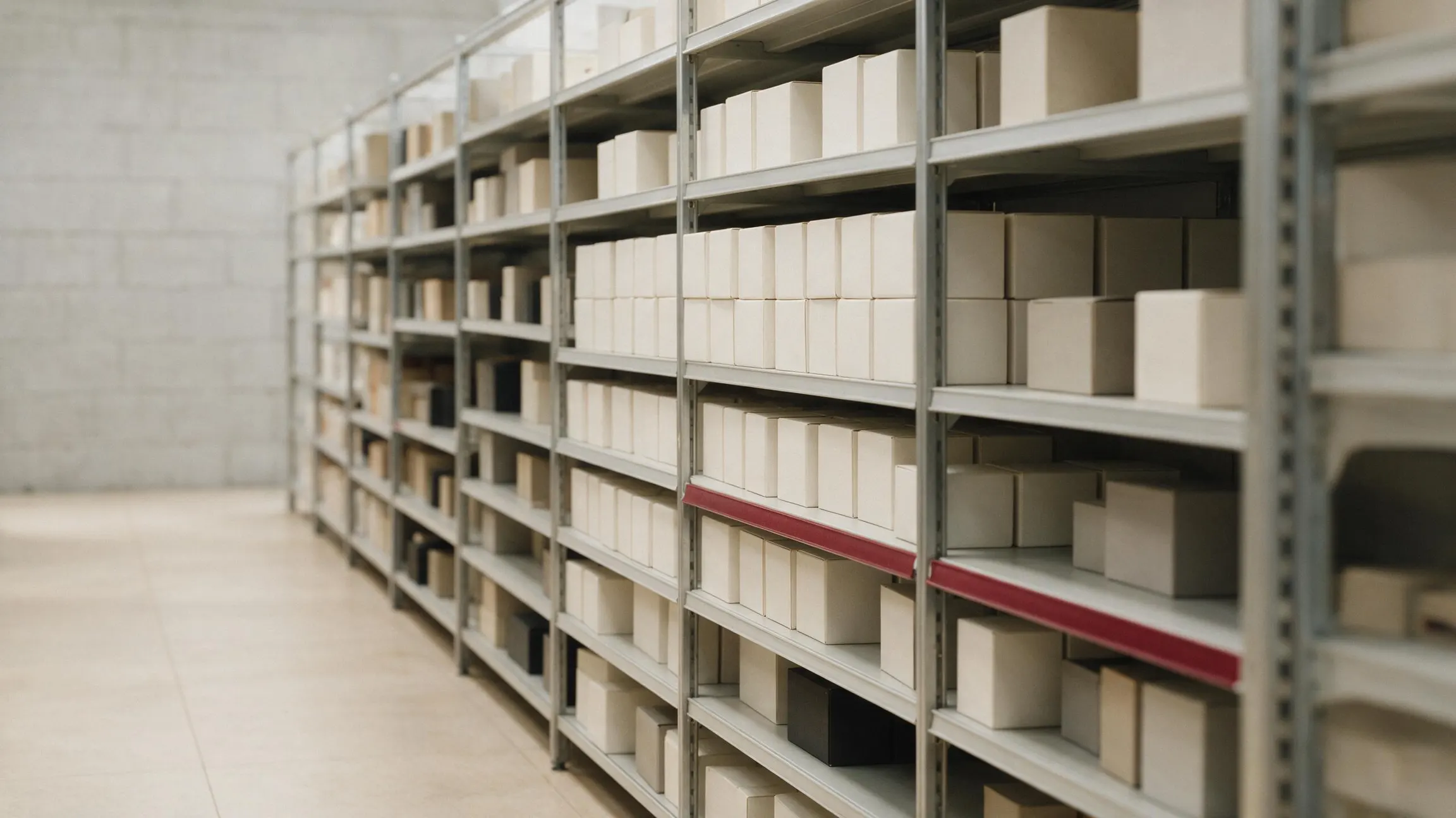 A long run of warehouse shelving seen at an angle, where one identical plain box fills a wide block of facings at eye level while several different boxes sit in ones and twos further along the same shelves.