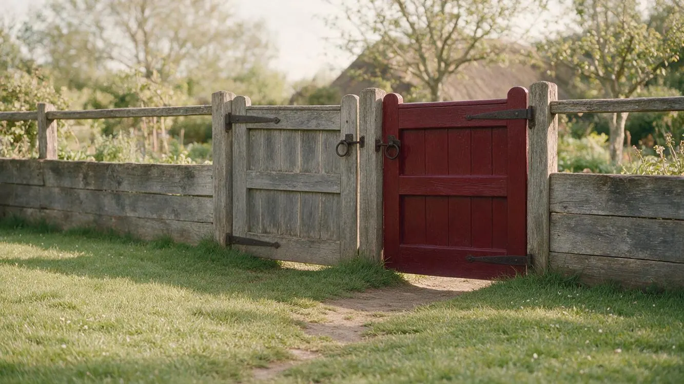 Two matching timber garden gates set side by side in a low fence across a lawn. A worn earth path runs through the grass to the right-hand gate, which is painted deep crimson, while the grass in front of the left-hand gate is untouched.