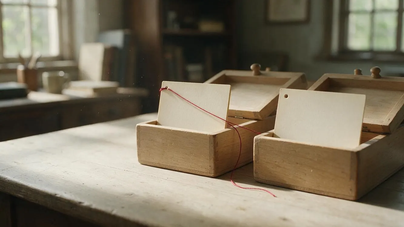 Two plain wooden card-index boxes side by side on a worn desk, each open with a single blank cream card standing at the front. A crimson thread tied to the left-hand card runs toward the other box and falls loose onto the desk without reaching the second card.