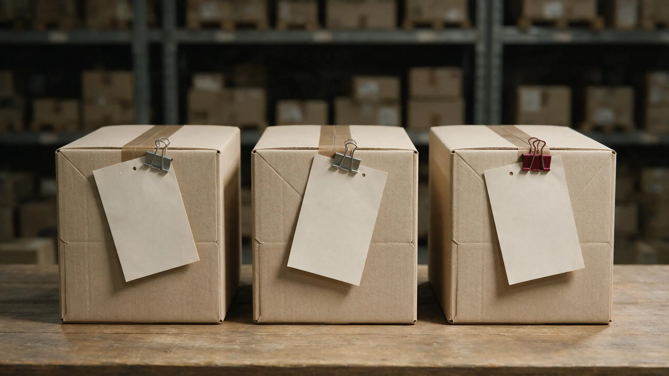 Three identical cartons on a trade counter, each with a different handwritten docket clipped to it.