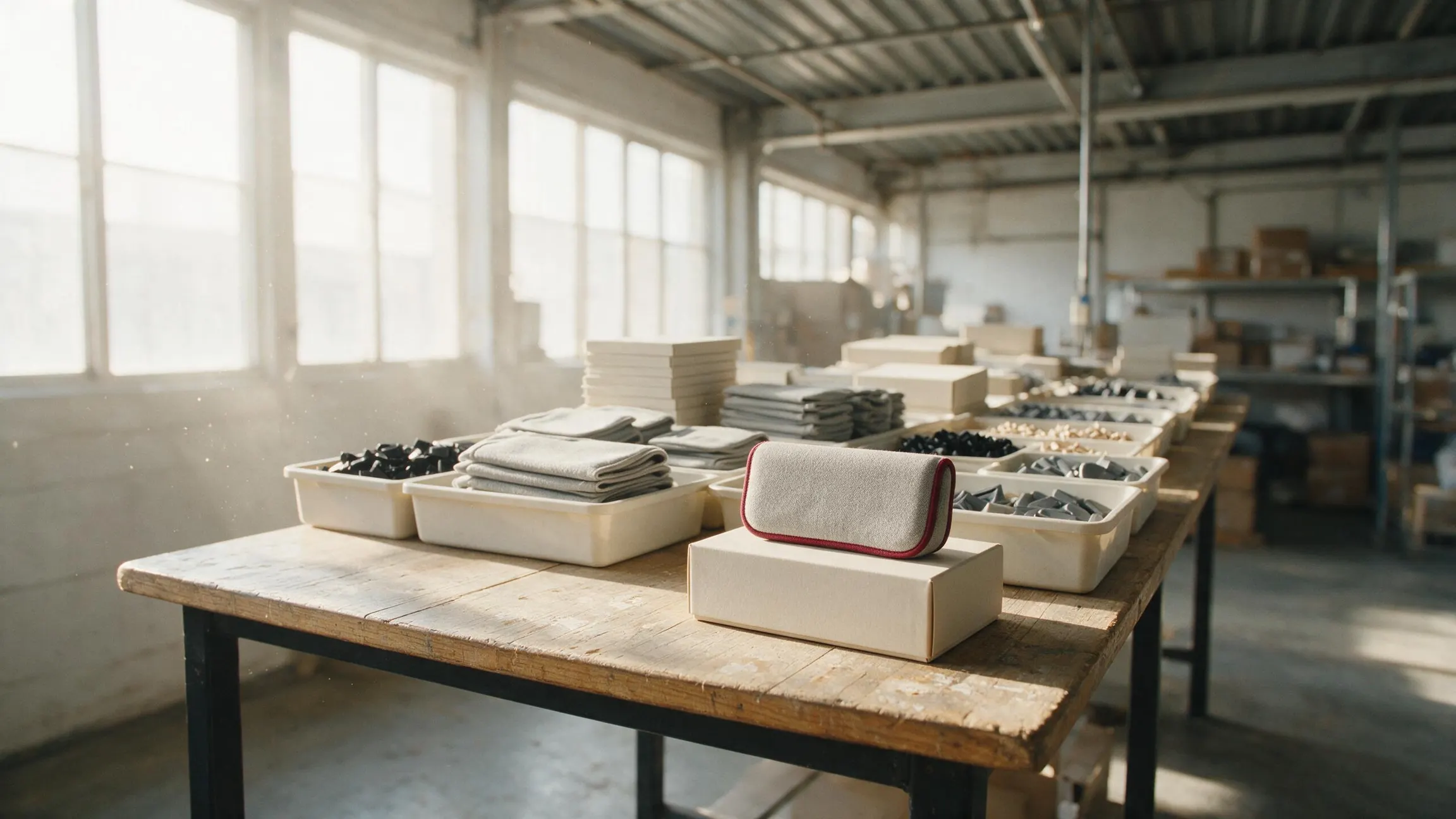 A workbench in a light industrial unit with one product fully assembled and boxed at the near end, and trays of the same unstarted components running away down the bench behind it.