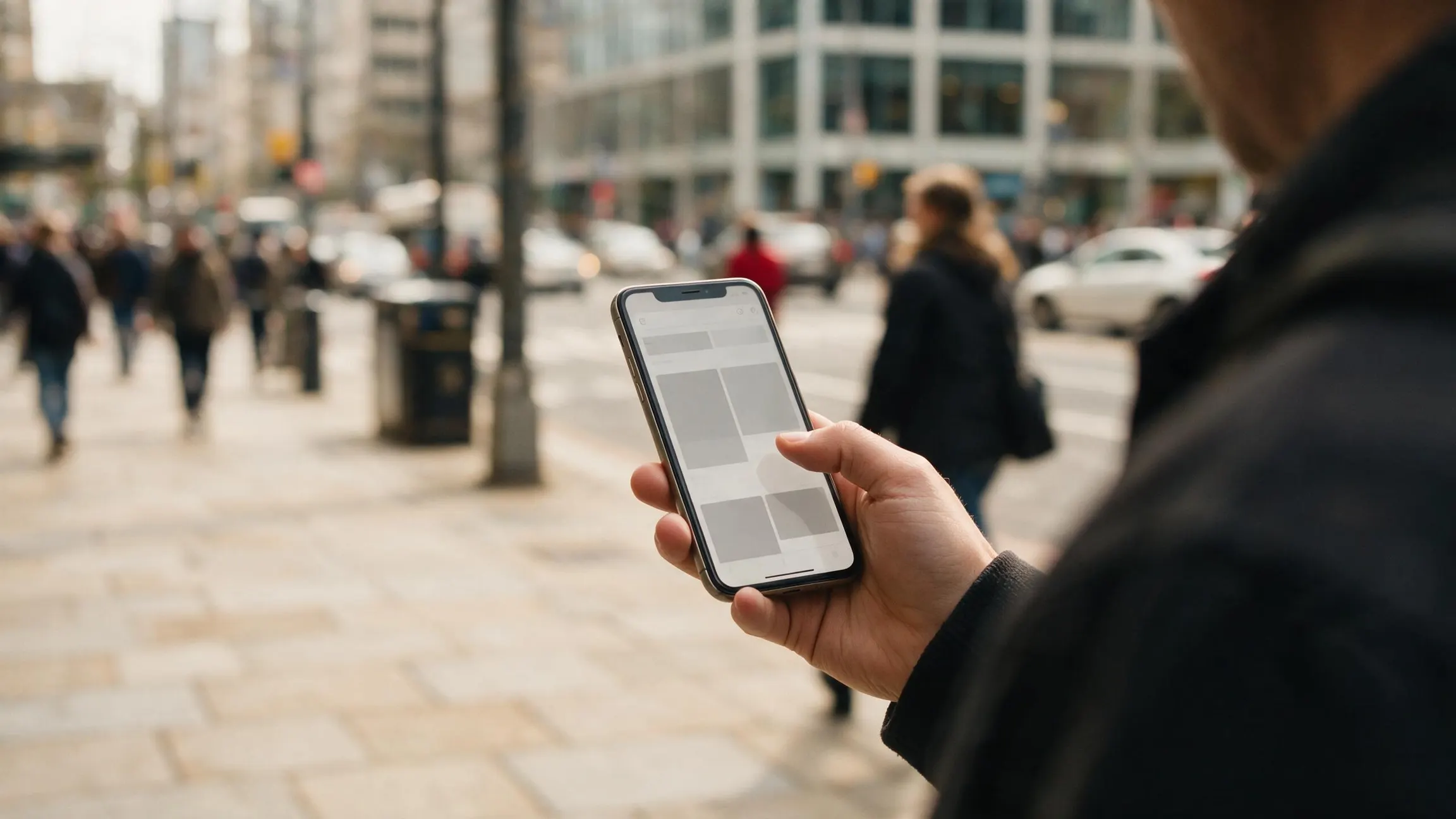 A person outdoors on a busy street holding a mid-range phone showing a partly loaded shopping page, with a modern office building visible in the distance behind them.