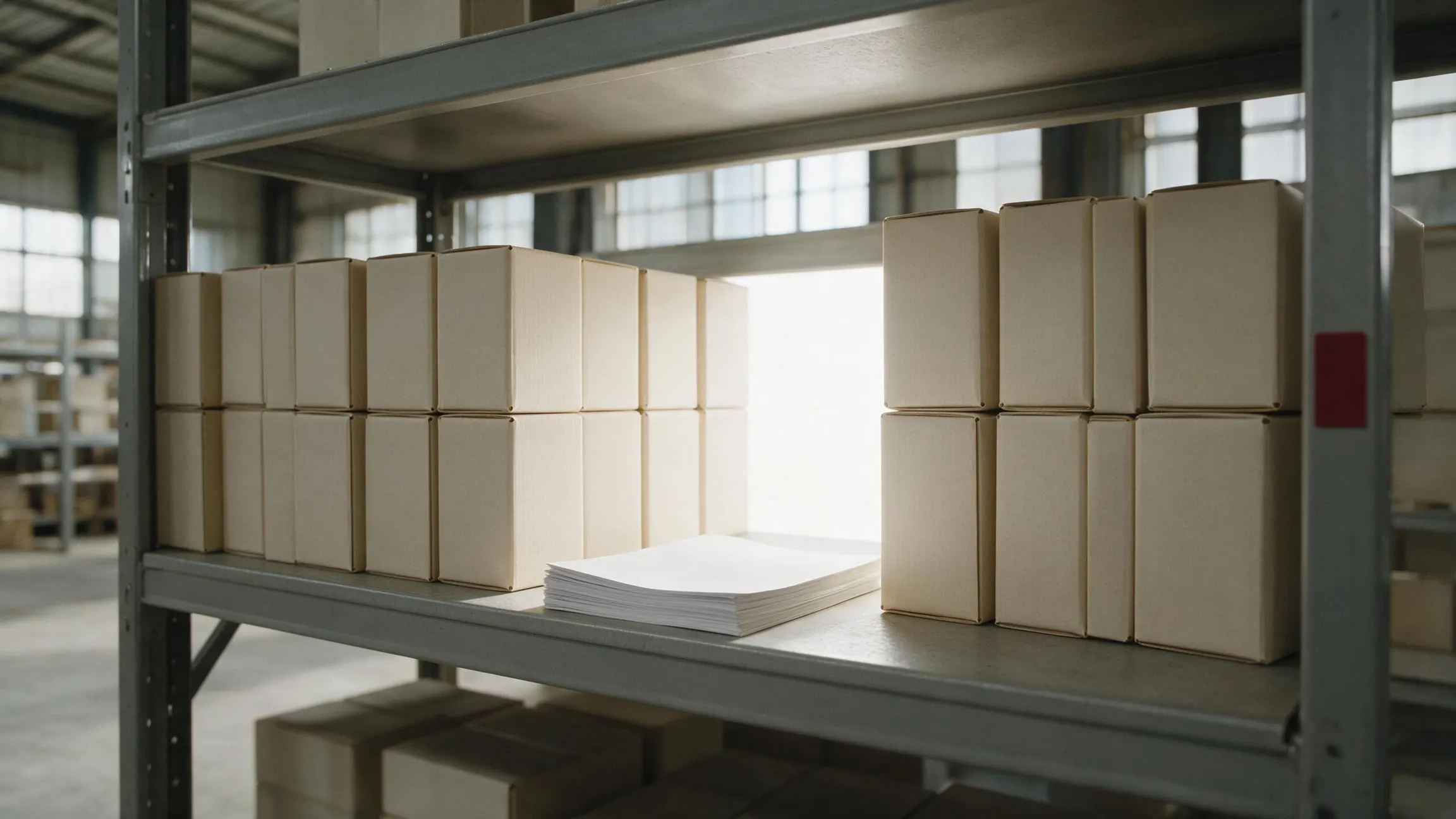 A warehouse shelf with one conspicuously empty slot between two full product runs, and a printed stock report resting on the shelf edge.