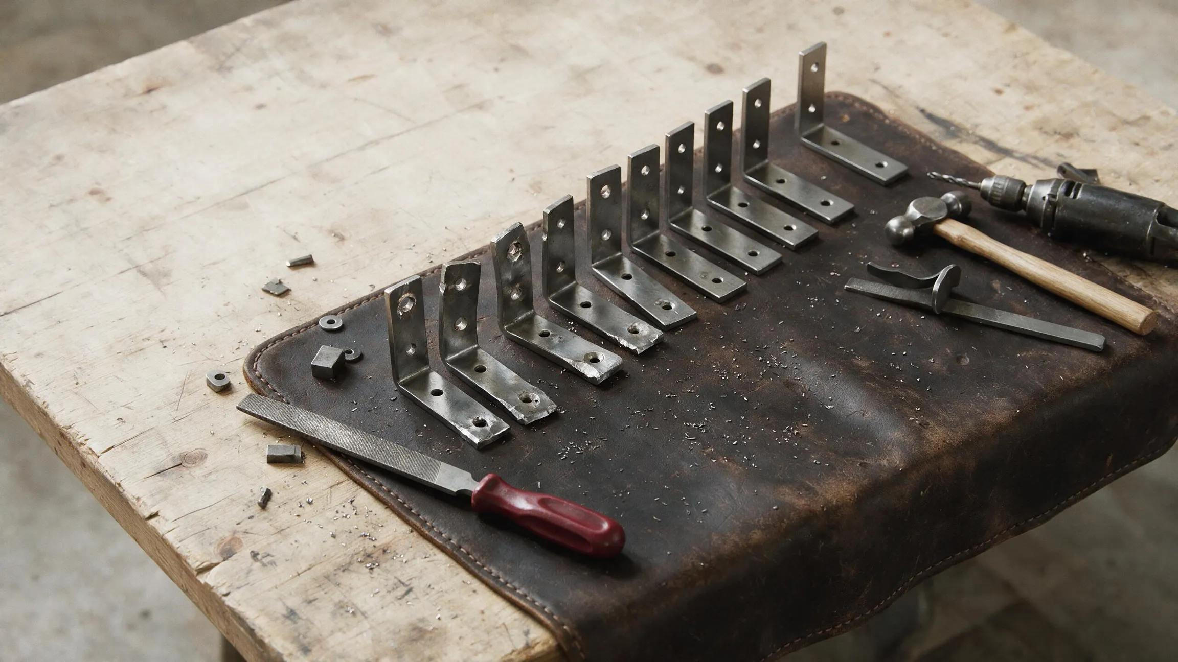 A row of near-identical metal mounting brackets laid out on a worn leather mat on a workbench, with a hammer, pliers, a drill and a red-handled file resting beside them and metal filings scattered across the bench.