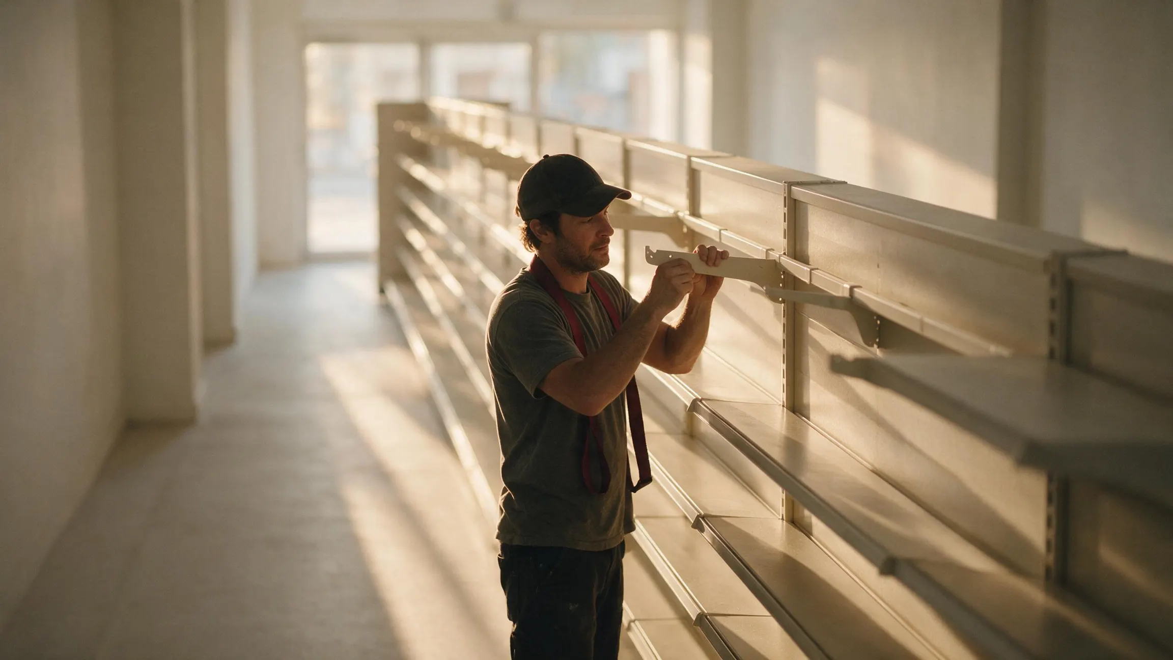 A shopfitter in an empty retail unit, checking a bracket by hand against the upright of a long run of shelving that is already fully installed and recedes into soft focus behind them, lit by low sun through the shopfront.