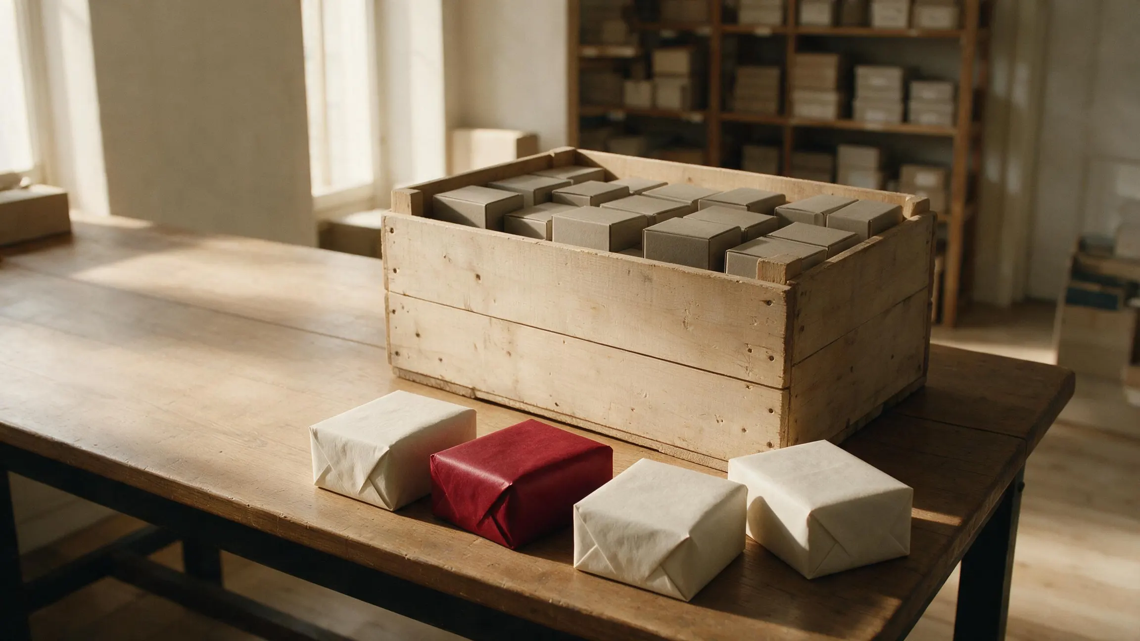 A wooden crate on a bench holding many identical grey boxes together, with four more of the same boxes set apart in front of it, each one individually wrapped and closed.