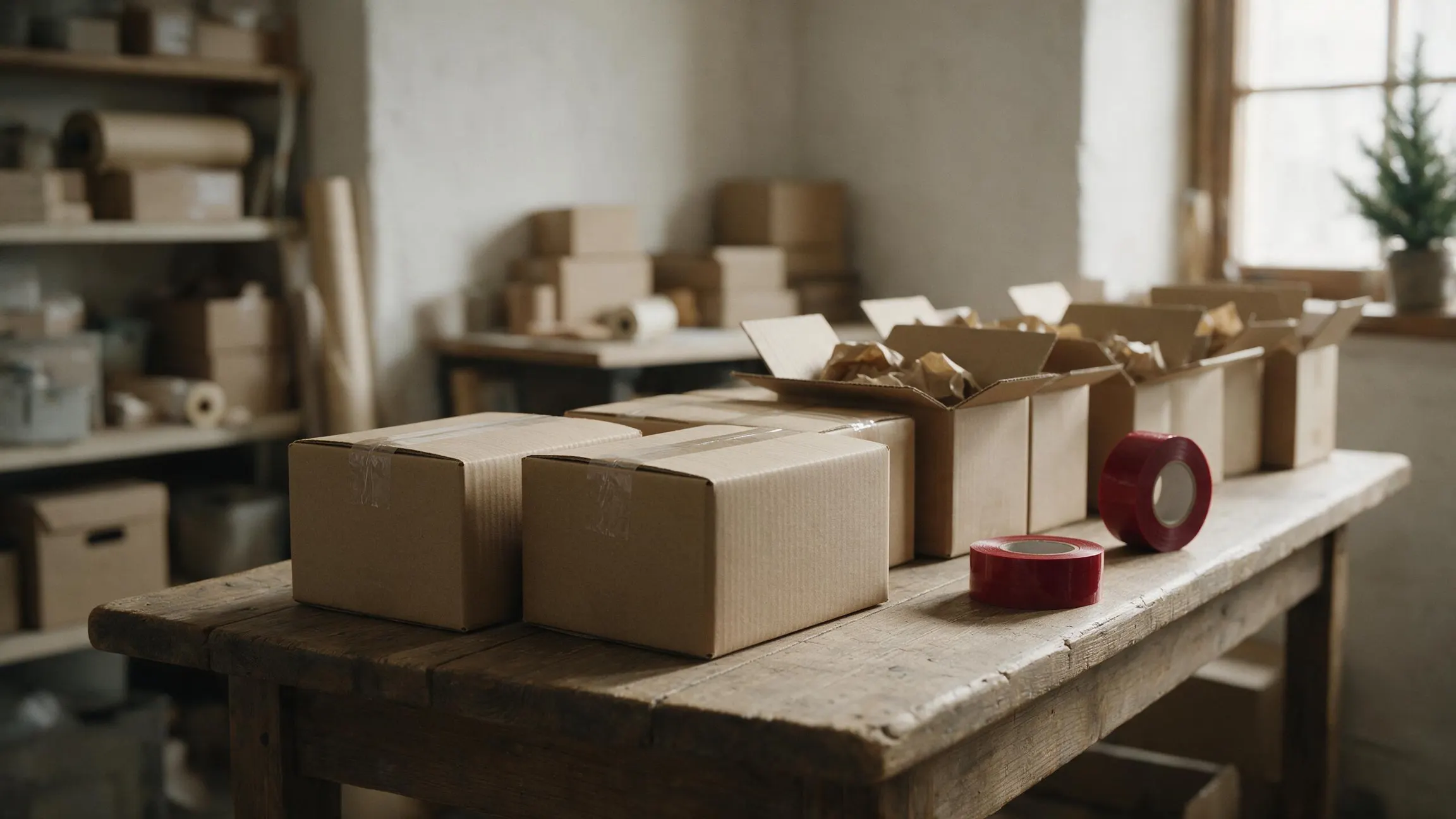 A row of parcels on a packing bench, some sealed and taped shut, others still open with their contents visible.