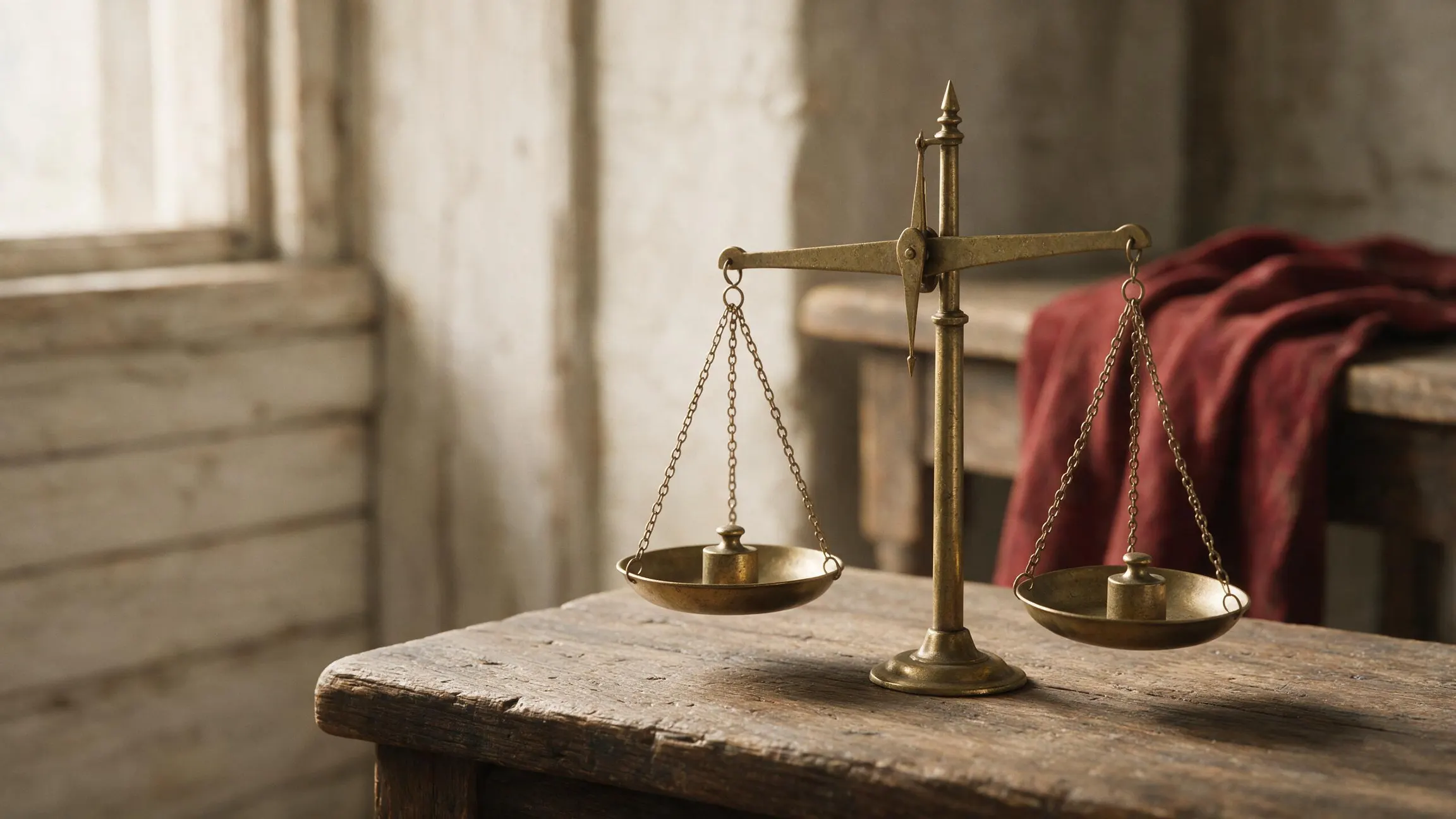 A pair of brass balance scales on a worn counter, an unmarked weight in each pan, the beam resting a fraction off level.