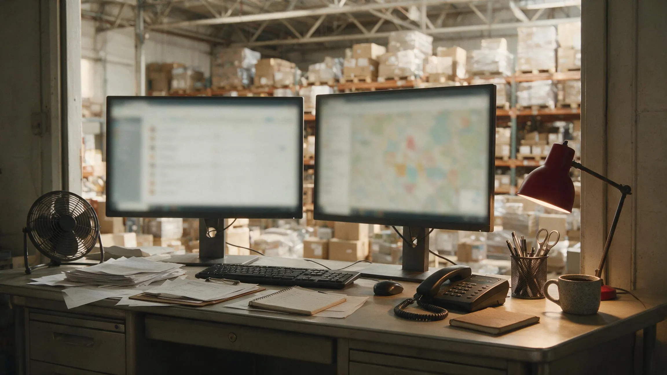 A back-office desk in a retail warehouse with two screens showing different systems side by side, and racked stock visible through a doorway behind.