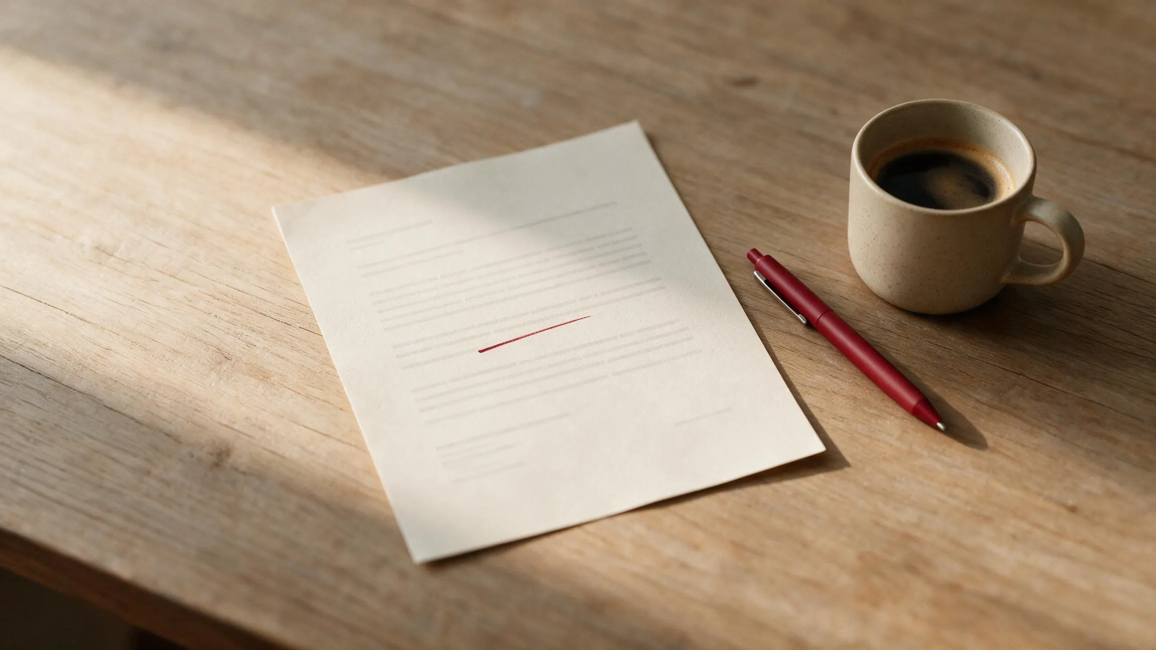 A short printed report on an otherwise clear desk, with a single line marked in red pen and a mug beside it.