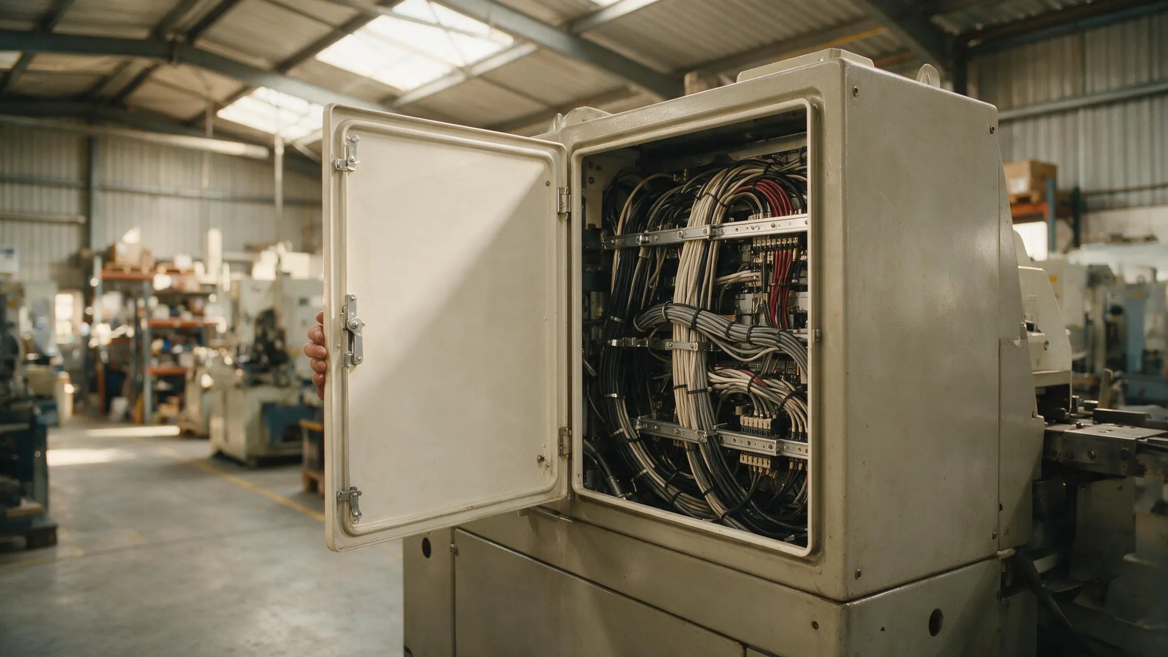 An open service panel on a plain, unremarkable machine, revealing dense, neatly routed and well-maintained internals behind it.