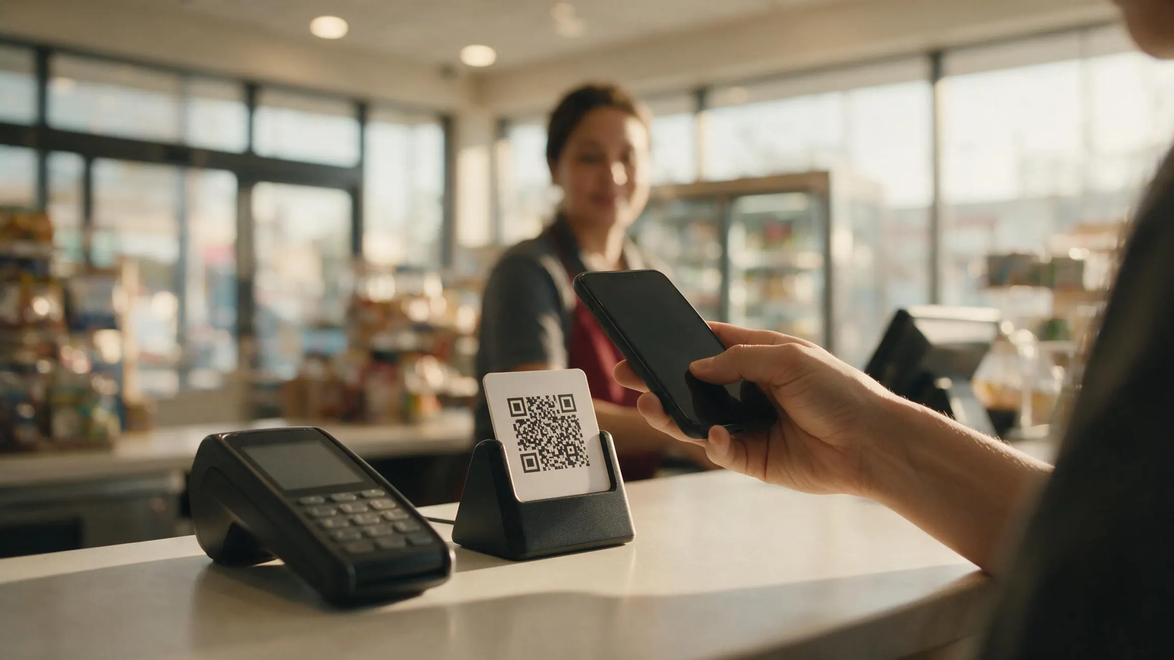 A shopper at a checkout counter in a Malaysian store paying by scanning a QR code on their phone, with a card terminal unused beside them.