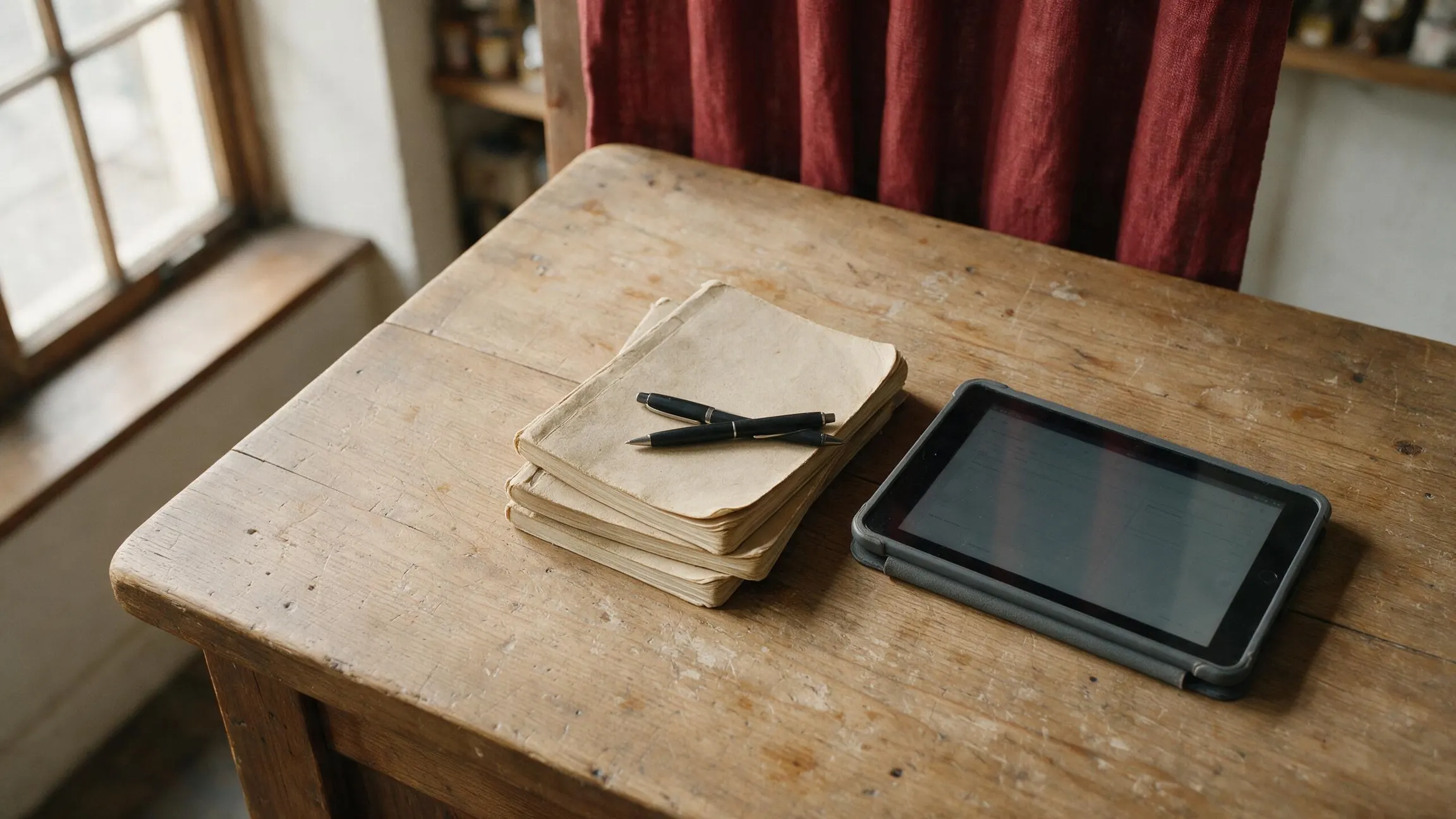 A well-used shop counter photographed from above, showing a worn wooden surface, a stack of dated order books, and a current tablet in use side by side.
