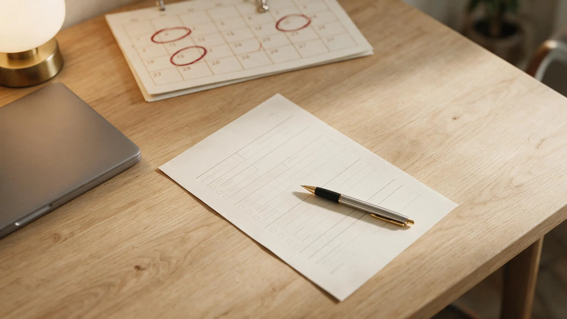 A desk with a printed application form partly completed, a laptop pushed to one side, and a calendar with several dates circled.